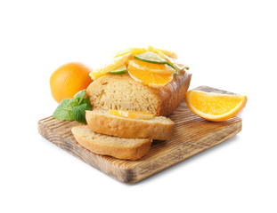 Cutting board with delicious sliced citrus cake and fruits on white background