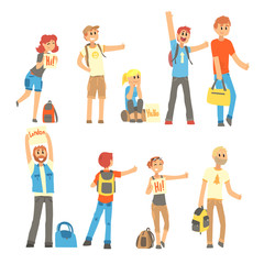 Young people standing with a sign hitchhiking and raised their thumb up set, travelling by autostop cartoon vector Illustrations