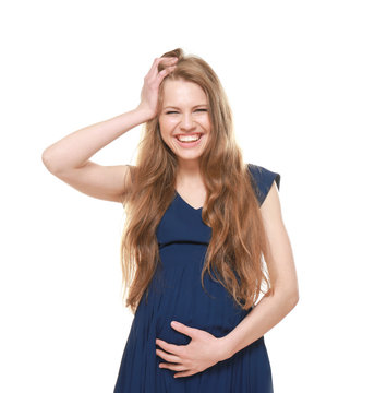 Emotional pregnant woman on white background. Pregnancy hormones concept
