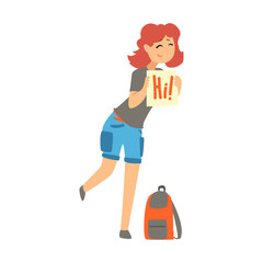 Smiling young woman wearing comfy travel outfit with backpack standing with a sign hitchhiking, travelling by autostop cartoon vector Illustration
