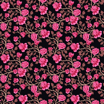 Floral seamless pattern with pink roses on a dark background.   illustration  for textile, print, wallpapers, wrapping.