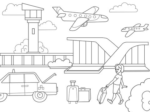 Cartoon children coloring book airport. Black and white vector