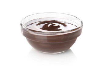 Bowl with delicious chocolate sauce on white background - Powered by Adobe