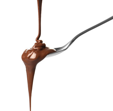 Delicious Chocolate Sauce Pouring Into Spoon On White Background