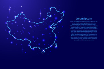 Map China from the contours network blue, luminous space stars of vector illustration