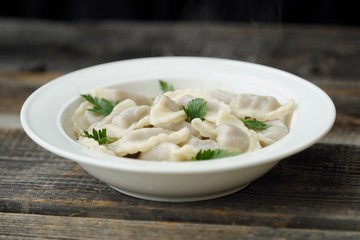 Delicious homemade ravioli with parsley in a plate 