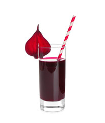 Glass of beet smoothie on white background