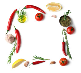 Composition with fresh rosemary and vegetables on white background