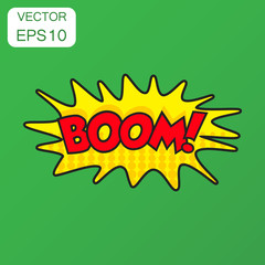 Boom comic sound effects icon. Business concept sound bubble speech pictogram. Vector illustration on green background with long shadow.