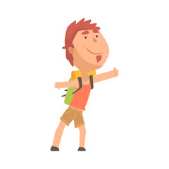 Hitchhiking young man with backpack trying to stop a car, travelling by autostop cartoon vector Illustration