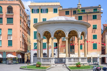 Daylight view to beautiful Rapallo city colorful buildings and old place related to history. Italy