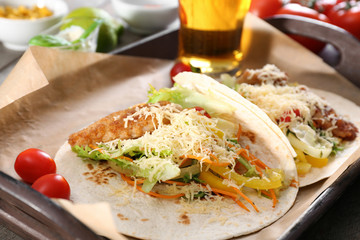 Delicious fish tacos served on tray