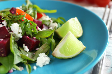 Plate with useful beet salad, close up
