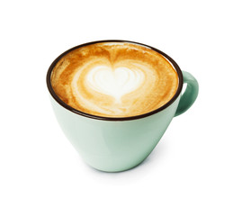 Cappuccino foam, coffee cup top view on white background