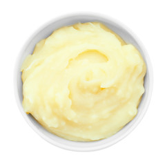 Bowl with mashed potatoes on white background