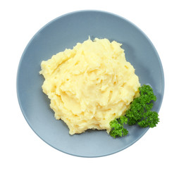 Plate with mashed potatoes on white background