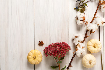 Autumn frame of dried flowers on white wood background