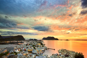 Cityscape of Alesund at sunset, Norway