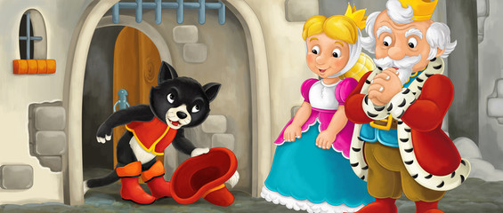 cartoon scene with cat welcoming king and queen in front of castle gate - illustration for children