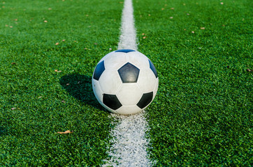 Soccer Football on the green grass of Soccer field.