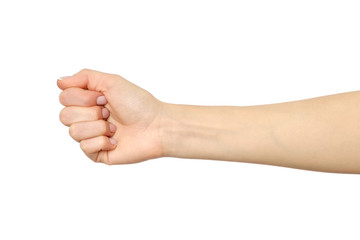 Female hand showing wrong fist gesture isolated on white
