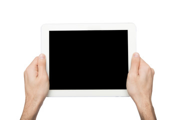 Man holding digital tablet with blank screen isolated on white