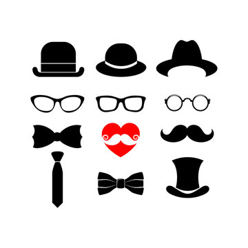 Beautiful elements for cards with a beard, mustaches, hats and sunglasses