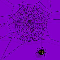 Vector spider web and small spider on purple background. Cartoon illustration.