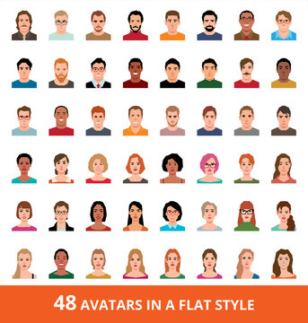 Large vector set of avatars of men and women in a flat style