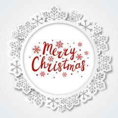 Christmas background with paper snowflakes round frame