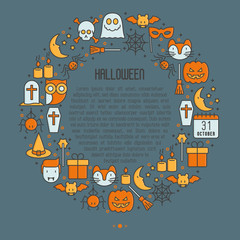 Cartoon Halloween concept in circle with thin line icons: vampire, bat, pumpkin, . Vector illustration for invitation card, party announcement.