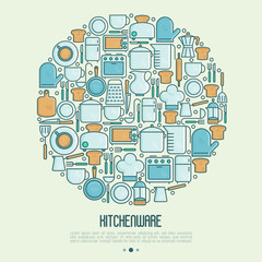 Kitchenware and tableware concept in circle with thin line icons set. Vector illustration for cooking recipes, menu, shop, web site, app.