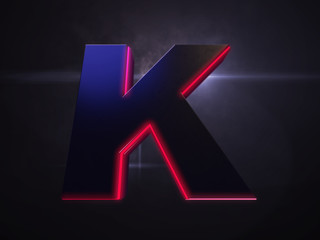 Letter K black extruded symbol with red light outline glowing in the dark and nice lens flare and smoke in background