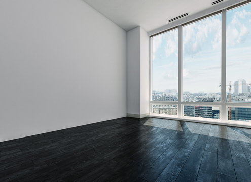 Empty white room with view over city