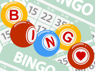 Drawing style bingo balls over green cards background