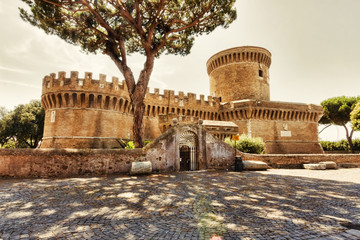 View of the roman castle of Giulio II , Ostia Antica - Rome , Italy