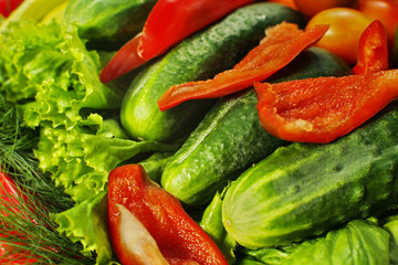 Assorted raw organic vegetables for healthy eating. Tomatoes, cucumbers, peppers and lettuce close up.