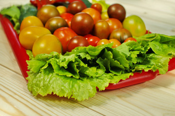 Assorted raw organic vegetables for healthy eating. Tomatoes, cucumbers, peppers and lettuce close up.