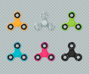 Shiny colorful fidget spinners set. Realistic spinner vector icon set on checkered background.