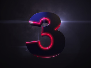 3 black extruded number with red light outline glowing in the dark and nice lens flare and smoke in background 3D render