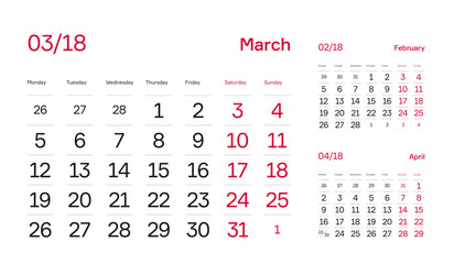 Quarter Calendar 2018. Minimal and Modern Calendar Block Design. Month March 2018.