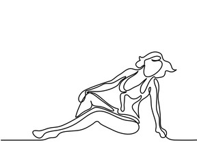Woman sitting on the beach. Continuous line drawing. Vector illustration