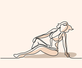 Woman sitting on the beach. Continuous line drawing with color shadow. Vector illustration