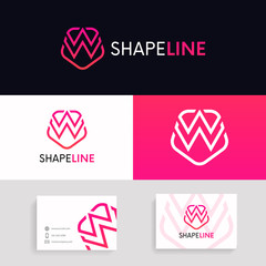 Clean W letter linear icon shield logo sign with brand business card vector design.