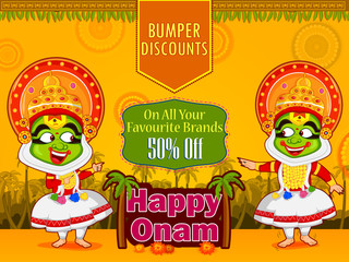 Kathakali dancer offering shopping sale for Onam festival of Kerala