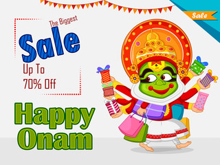 Kathakali dancer offering shopping sale for Onam festival of Kerala
