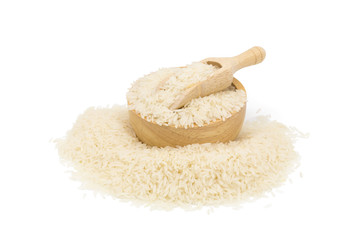 Rice in a wooden cup isolated on white background