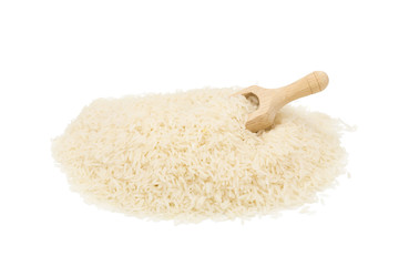 Rice in a wooden spoon on white background