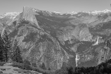 Black and white shot from glacier point hiking trail,  of half dome, Nevada falls and vernal falls, in Yosemite national park