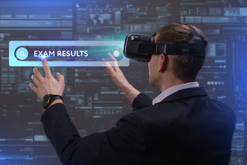 Business, Technology, Internet and network concept. Young businessman working on a virtual screen of the future and sees the inscription: Exam results